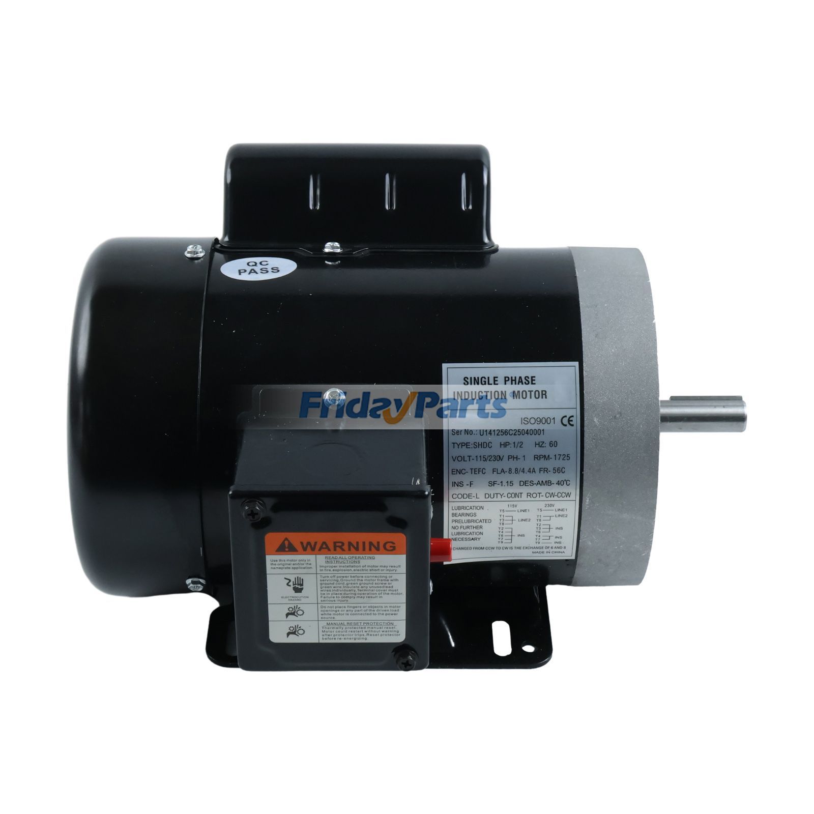 Motor monofásico eléctrico TEFC de uso general, de 1/2 HP, 1725 RPM, 115/230 V, diámetro de eje de 5/8", sentido horario/antihorario, para transportador de compresor de aire