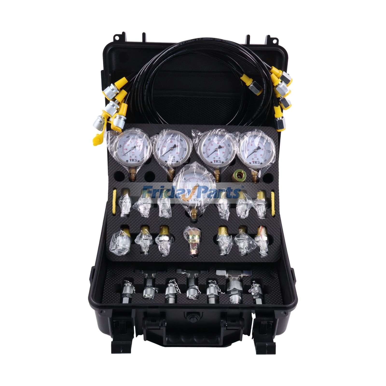 Kit de prueba y calibración de presión hidráulica de 10/100/250/400/600 bar, 150/1500/4000/6000/9000 PSI con 5 manómetros, 14 acoplamientos de prueba, 14 conectores en T y 5 mangueras de prueba.