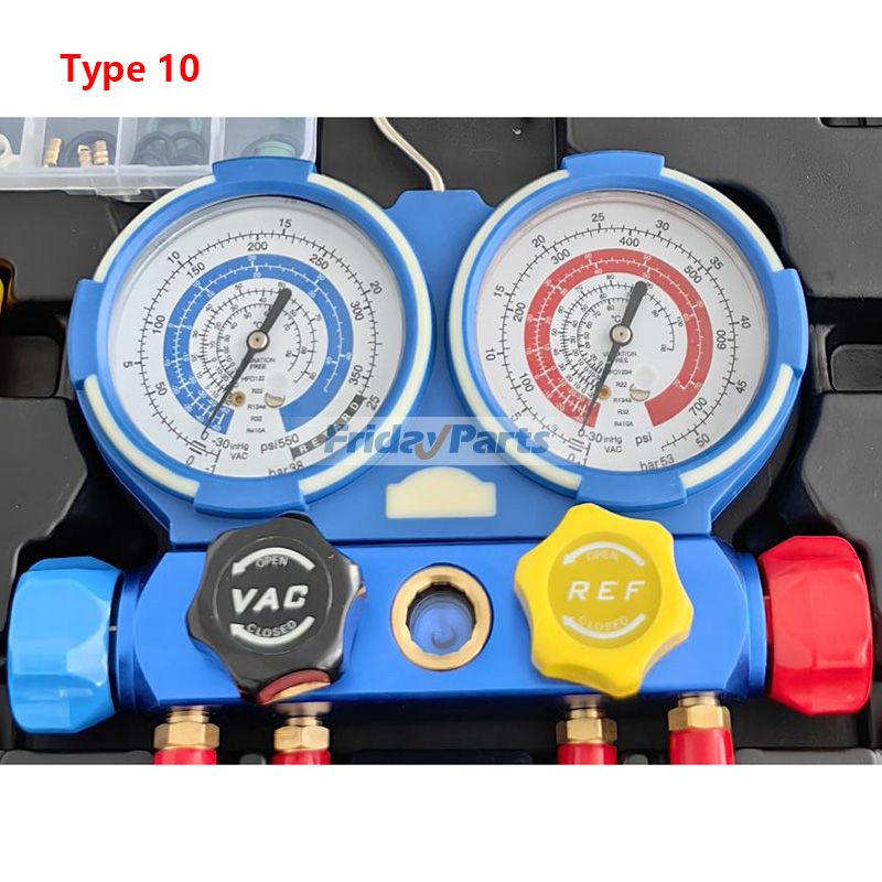 3-Wege-Klimaanlagen-Manometer-Set mit Schnellkupplung, 410-Adapter, Dosenentnahmewerkzeug und Ventileinsatzwerkzeug für Kältemittel der Typen R134A, R22 und R404A – Wartung