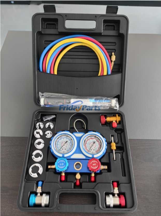 3-Wege-Klimaanlagen-Manometer-Set mit Schnellkupplung, 410-Adapter, Dosenentnahmewerkzeug und Ventileinsatzwerkzeug für Kältemittel der Typen R134A, R22 und R404A – Wartung