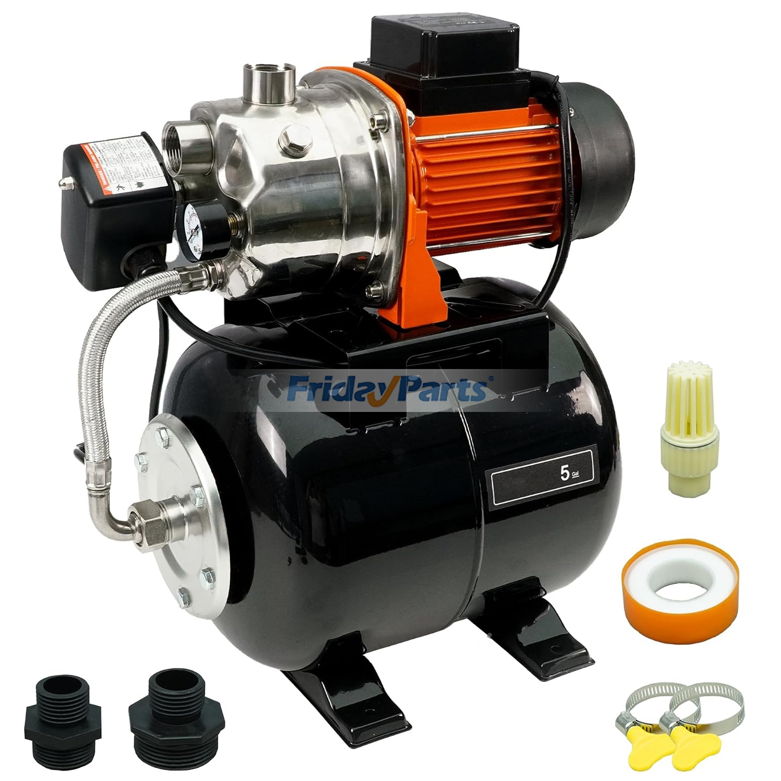 Pompe à jet pour puits peu profonds en acier inoxydable 115 V 1,5 CV avec réservoir sous pression de 5 gallons, surpresseur automatique avec pressostat et manomètre, débit de 1320 GPH, hauteur de refoulement maximale de 164 pieds pour système d'irrigation