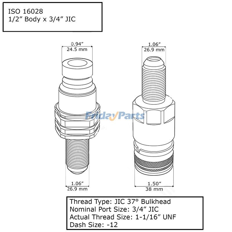 #12 JIC Hydraulische Schnellkupplung mit flacher Flächefür LaderFür BOBCAT
