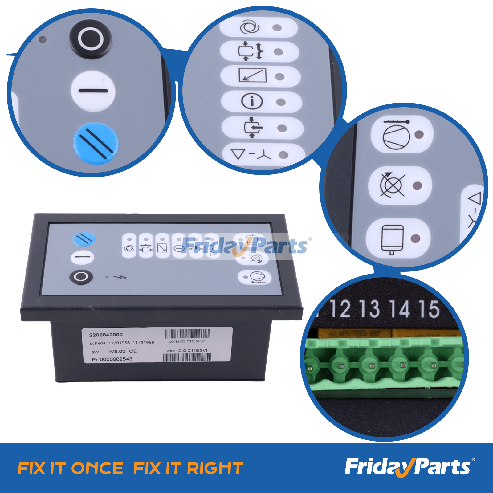 Connector and terminal view of 12VAC ES99 controller 2202842000 for air compressor control system