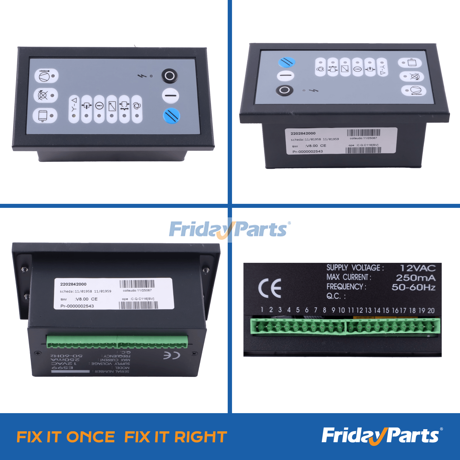Close-up detail of 12VAC ES99 controller 2202842000 for Atlas Copco air compressor