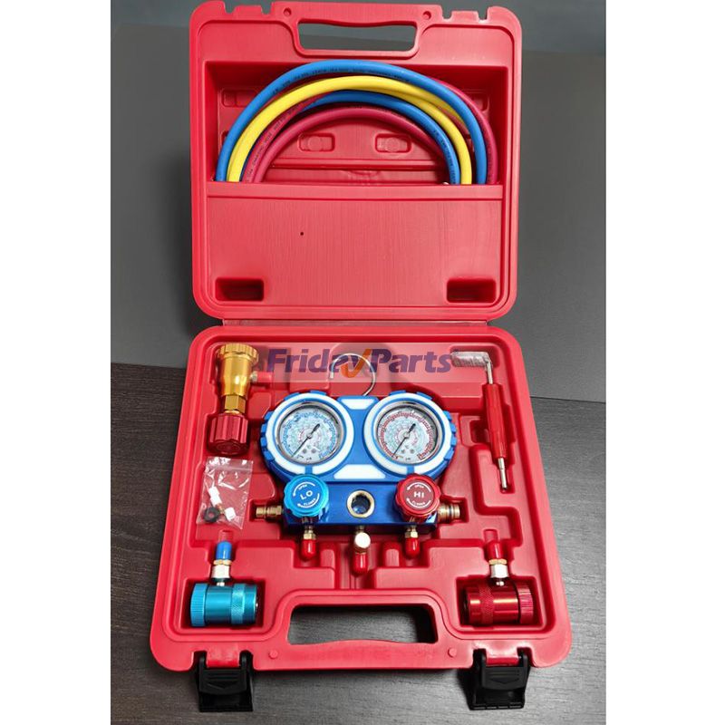 3-Wege-Klimaanlagen-Manometer-Set mit Schnellkupplung, 410-Adapter, Dosenentnahmewerkzeug und Ventileinsatzwerkzeug für Kältemittel der Typen R134A, R22 und R404A – Wartung