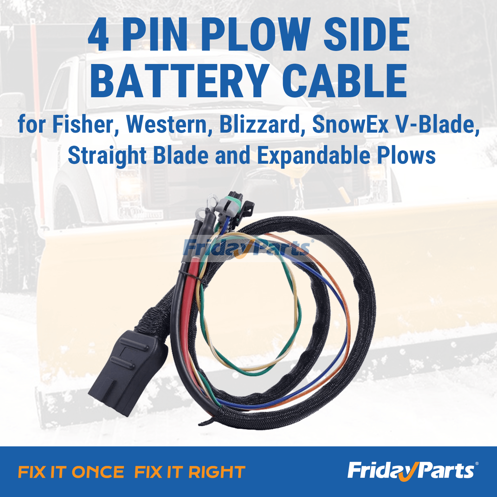 4 pin plow side battery cable 42015 for Fisher Western SnowEx Blizzard snowplow, heavy-duty low-temperature power harness with molded connectors and durable protective jacket
