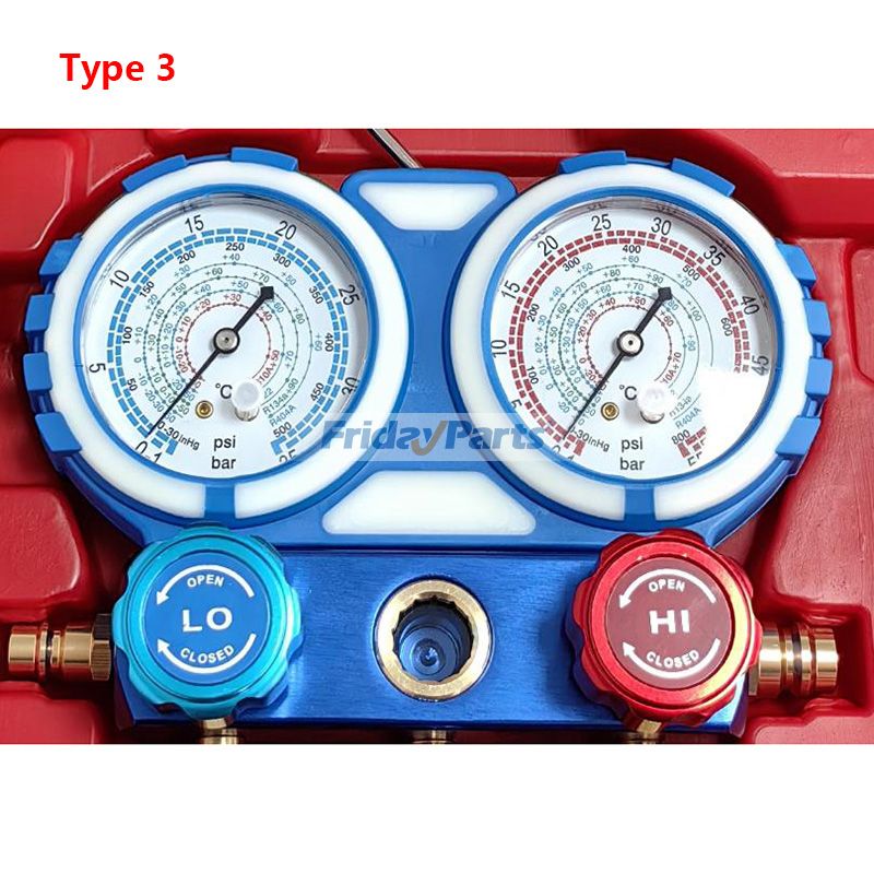 3-Wege-Klimaanlagen-Manometer-Set mit Schnellkupplung, 410-Adapter, Dosenentnahmewerkzeug und Ventileinsatzwerkzeug für Kältemittel der Typen R134A, R22 und R404A – Wartung
