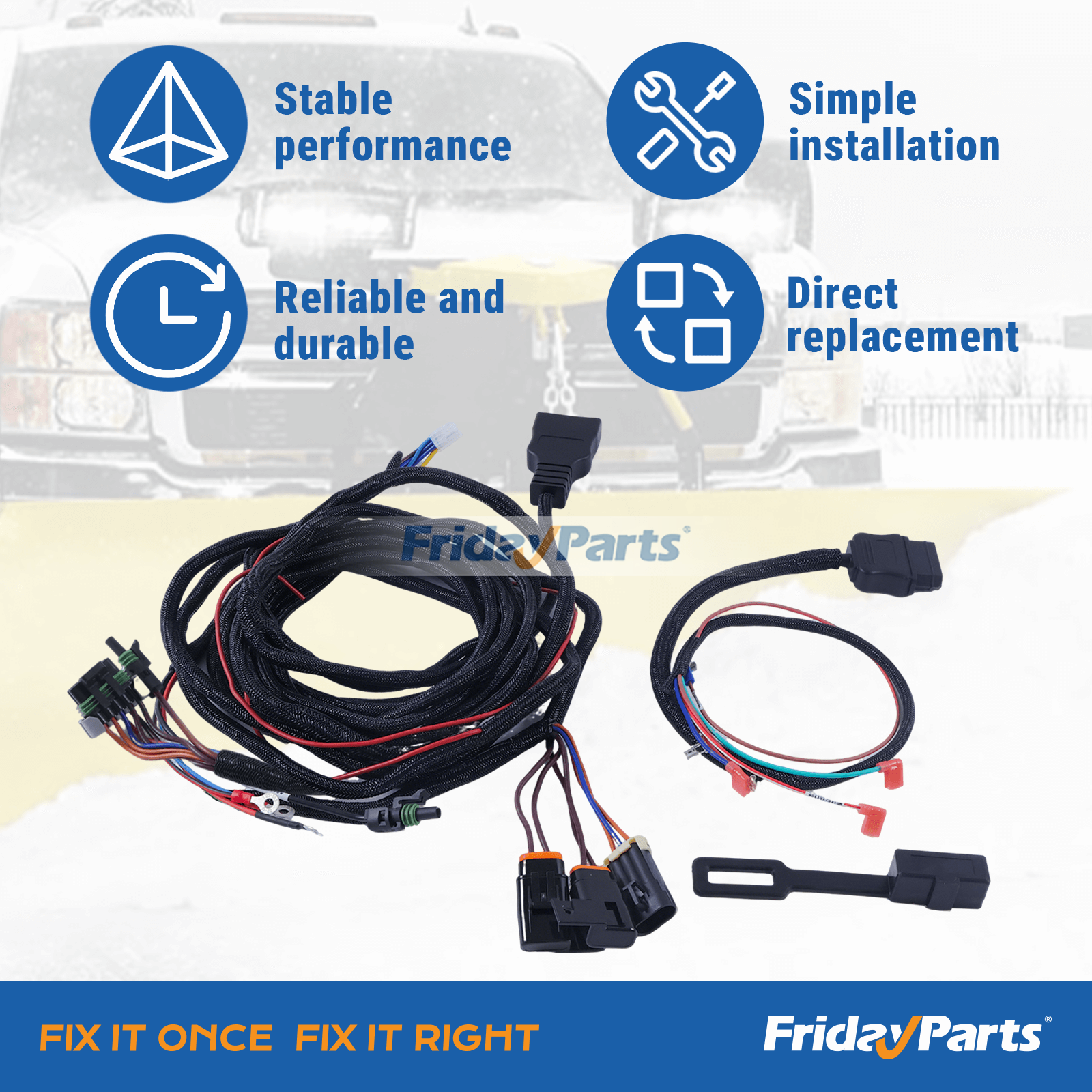 3 Pin Plow Truck Side Wire Harness with Cover 26359 26345 61548 for Western Fisher Snow Plow, White Background