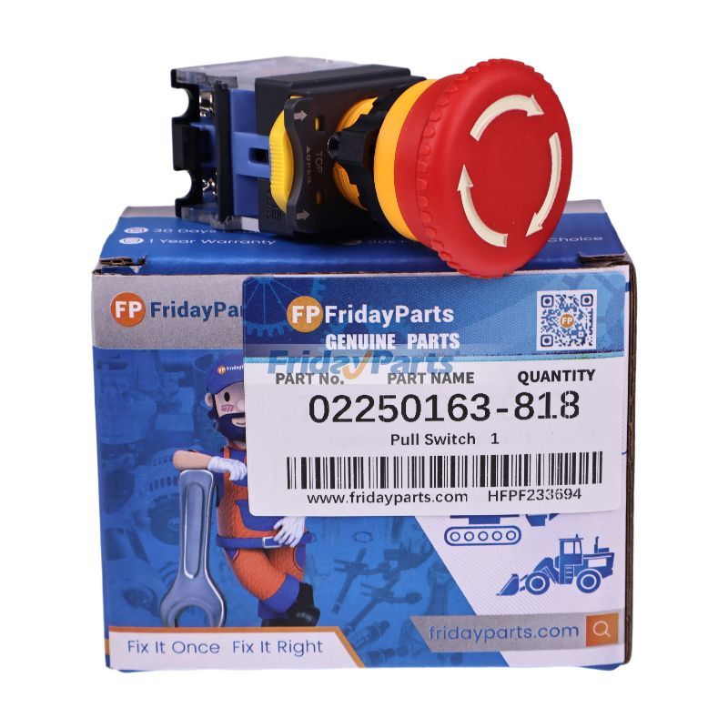 Interrupteur d'arrêt d'urgence 40 mm Hd Push-Pull 02250163-818 pour compresseur d'air Sullair 300HH 375H 375HH