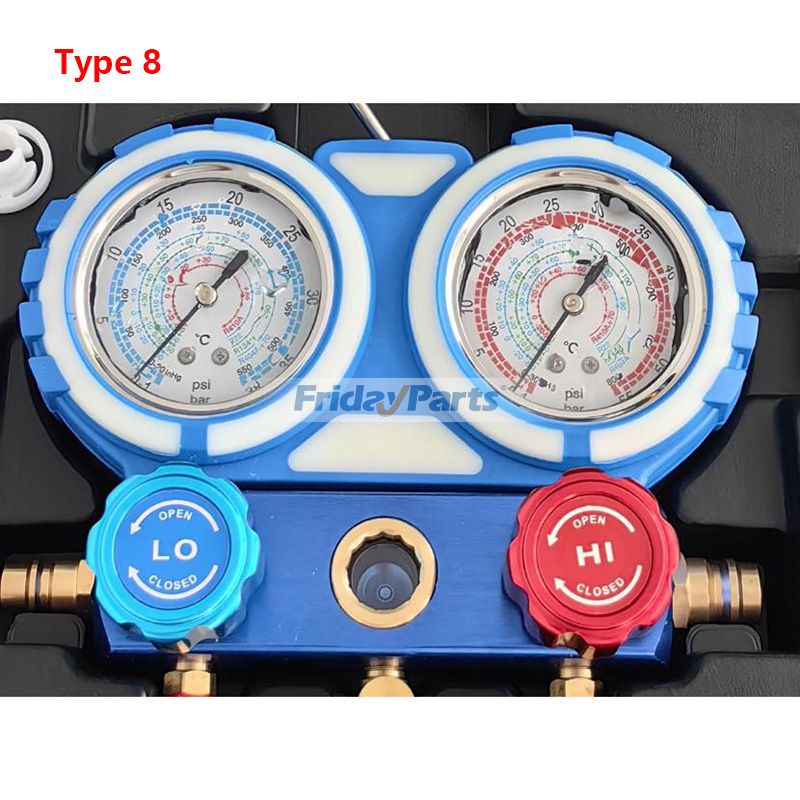 3-Wege-Klimaanlagen-Manometer-Set mit Schnellkupplung, 410-Adapter, Dosenentnahmewerkzeug und Ventileinsatzwerkzeug für Kältemittel der Typen R134A, R22 und R404A – Wartung