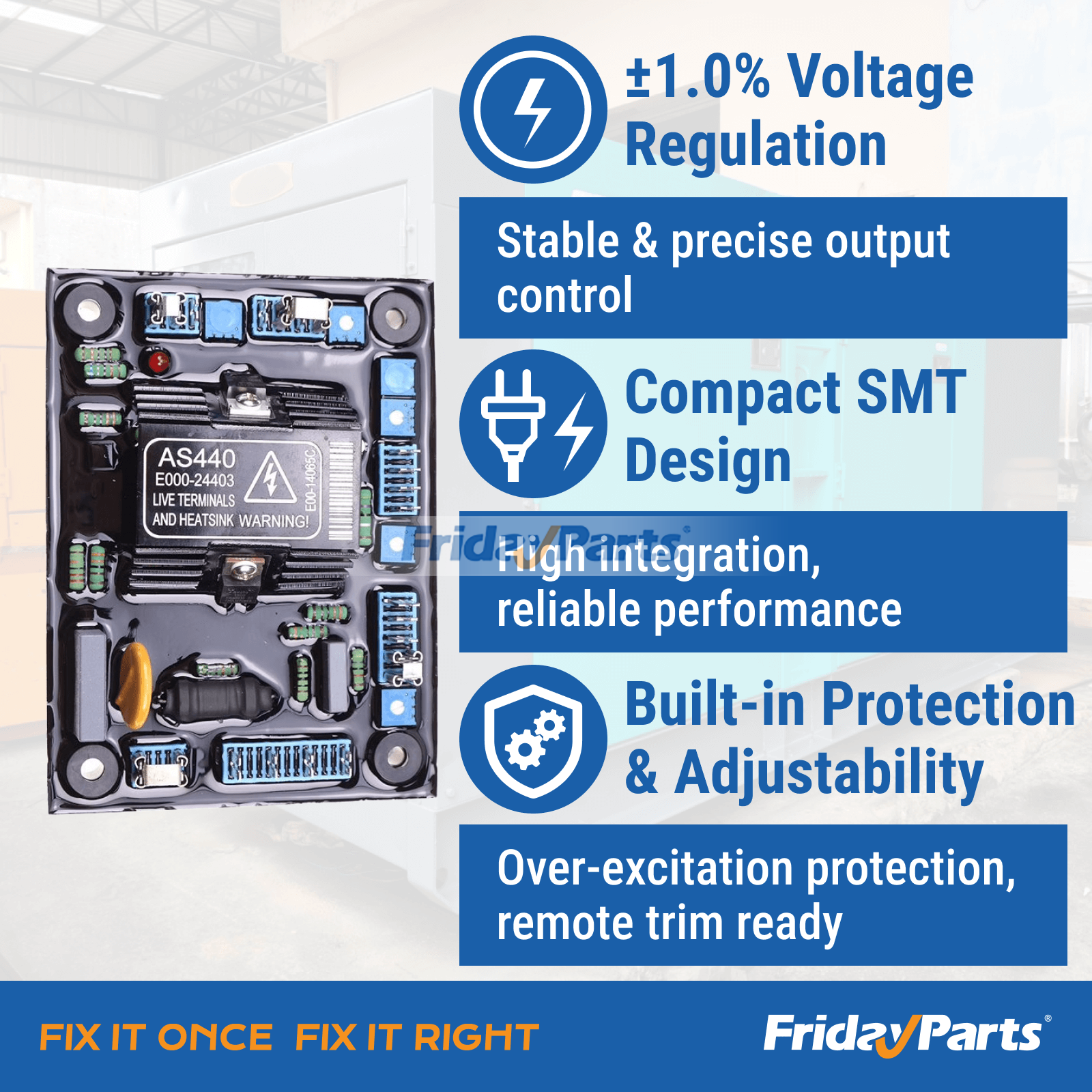 Gerador Para OUTRA MARCA - Módulo regulador automático de tensão AVR AS440 se adapta ao gerador Genset
