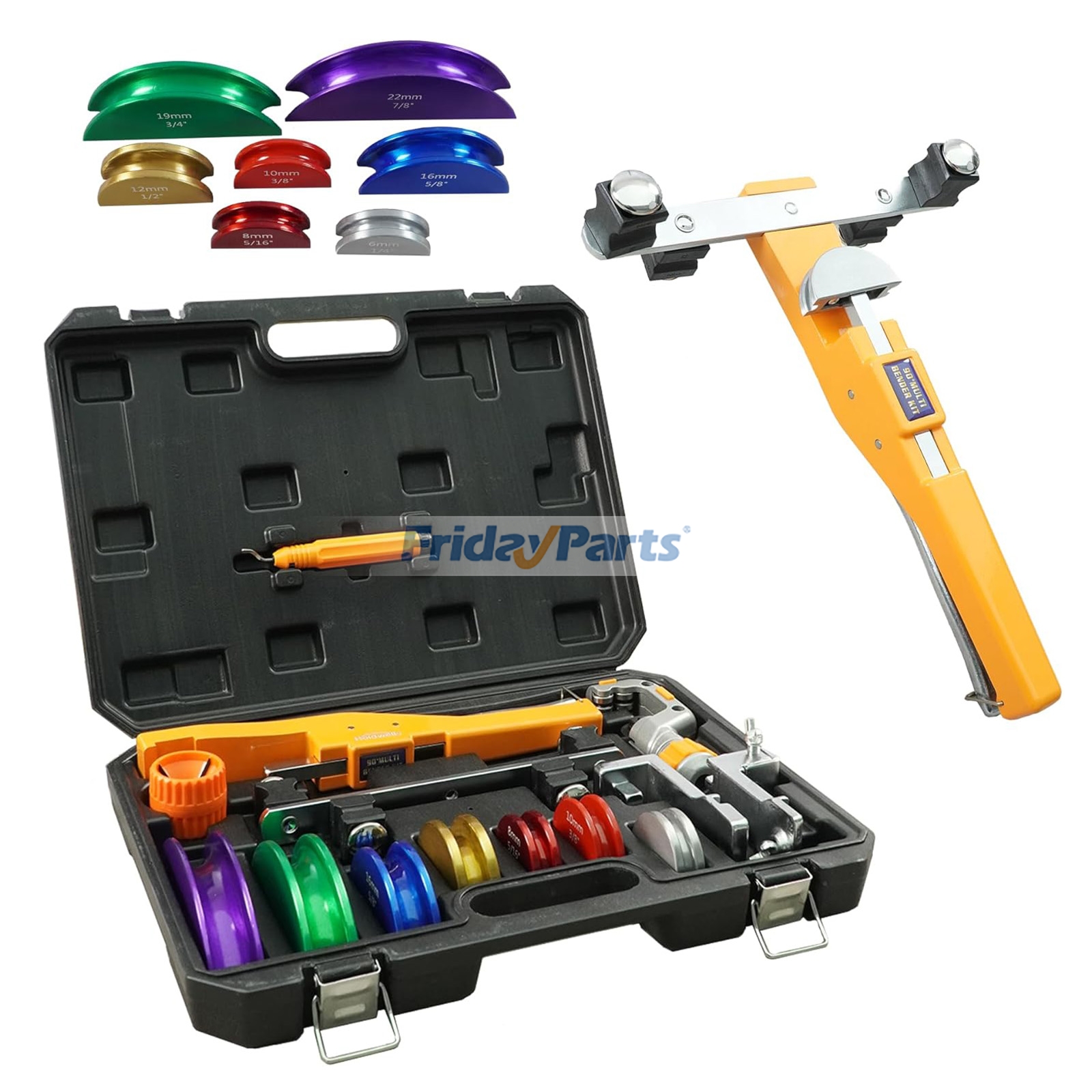 90° Ratcheting Pipe Tube Bender Set W/ 7 Color-Coded Aluminum Heads, 1/4"–7/8" O.D. Tubing, Tube Cutter & Deburring Tool, Portable Storage Case for HVAC, Plumbing & Refrigeration