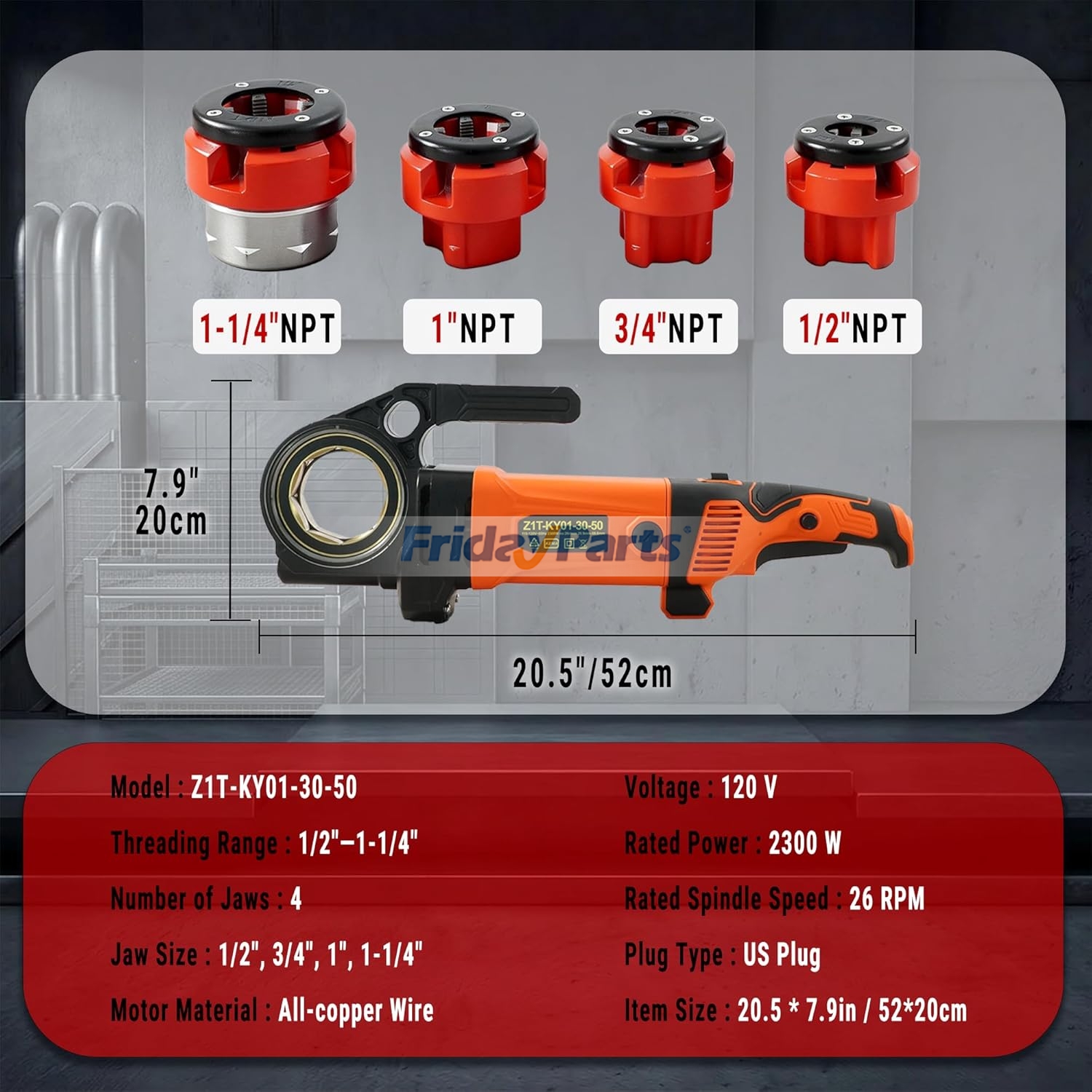 Electric Pipe Threading Machine, 2300W Handheld Threader with 4 NPT Dies (1/2"–1-1/4"), Copper Motor, Portable Kit with Carrying Case