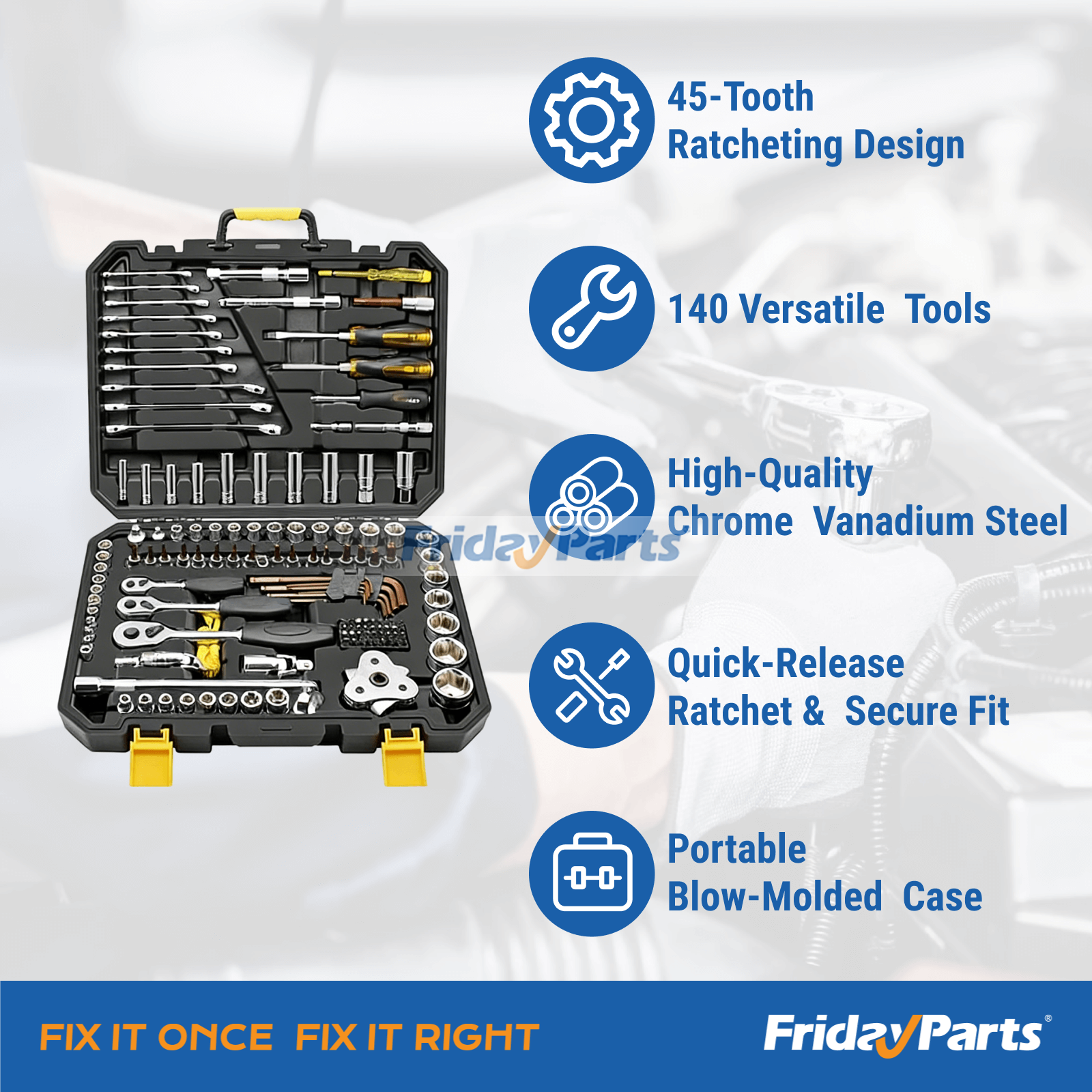 140-pieces-45t-high-quality-horn-tooth-ratchet-socket-ratcheting-combination-wrench-tool-set