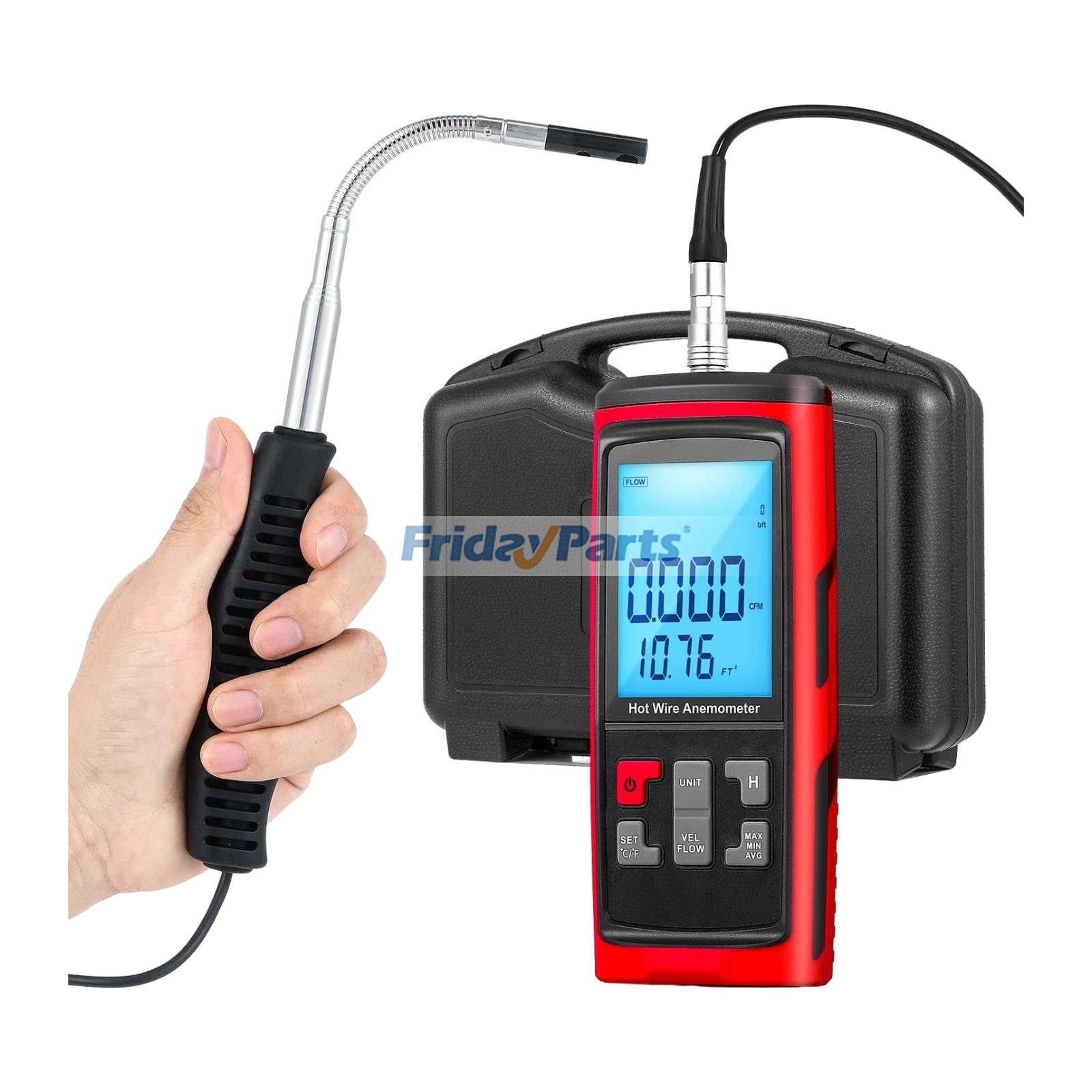 Anemômetro portátil de fio quente para medição de fluxo de ar em dutos de HVAC. Qualidade premium com 3 anos de garantia.