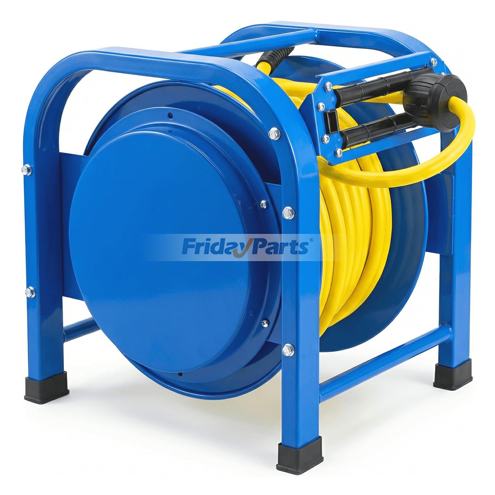 Heavy Duty Retractable Air Hose Reel, 3/8" x 100FT Flex Hybrid Hose, 300PSI Max, Spring-Driven Steel Frame, Floor-Standing Quad Pod Design, Portable & Kink-Resistant