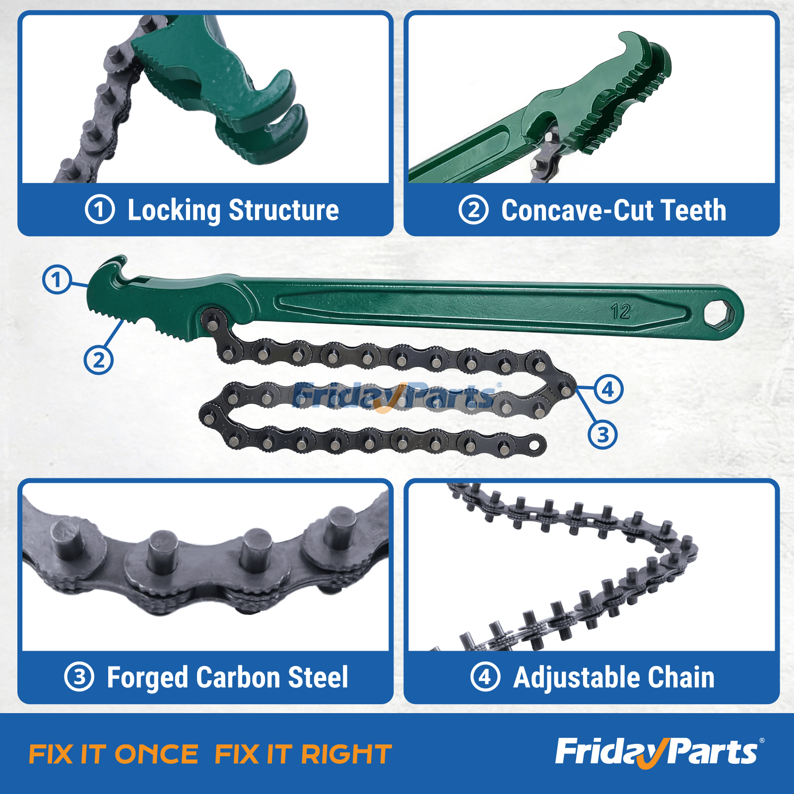 12 Inch Heavy Duty Reversible Chain Wrench for 2.4" to 5.9" Diameter Adjustable Oil Fuel Filter Chain Wrench Pipe Fitting Tools Spanner in Stock in China,USA