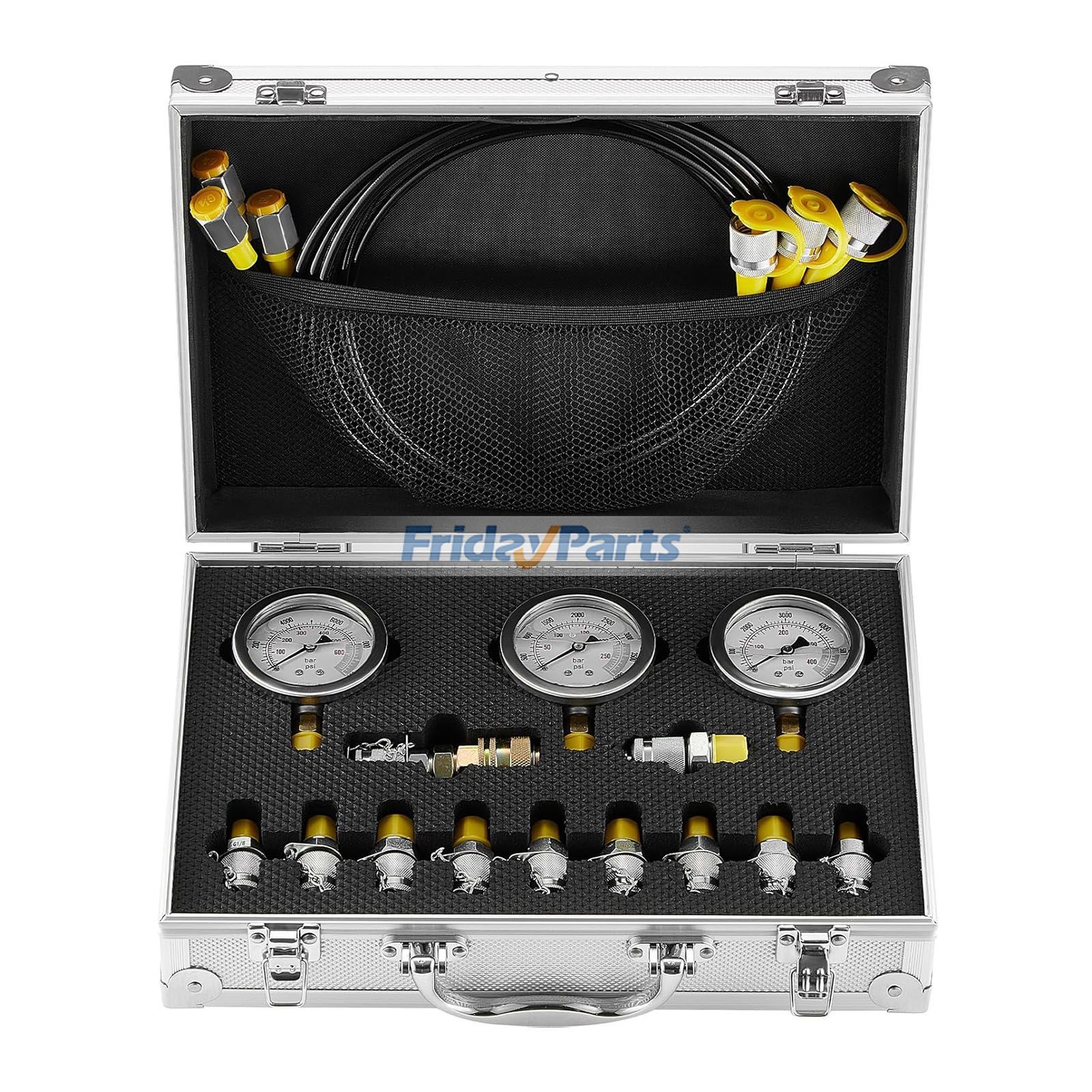 Kit de test de pression hydraulique 3 manomètres 11 raccords de test 3 flexibles de test Mallette