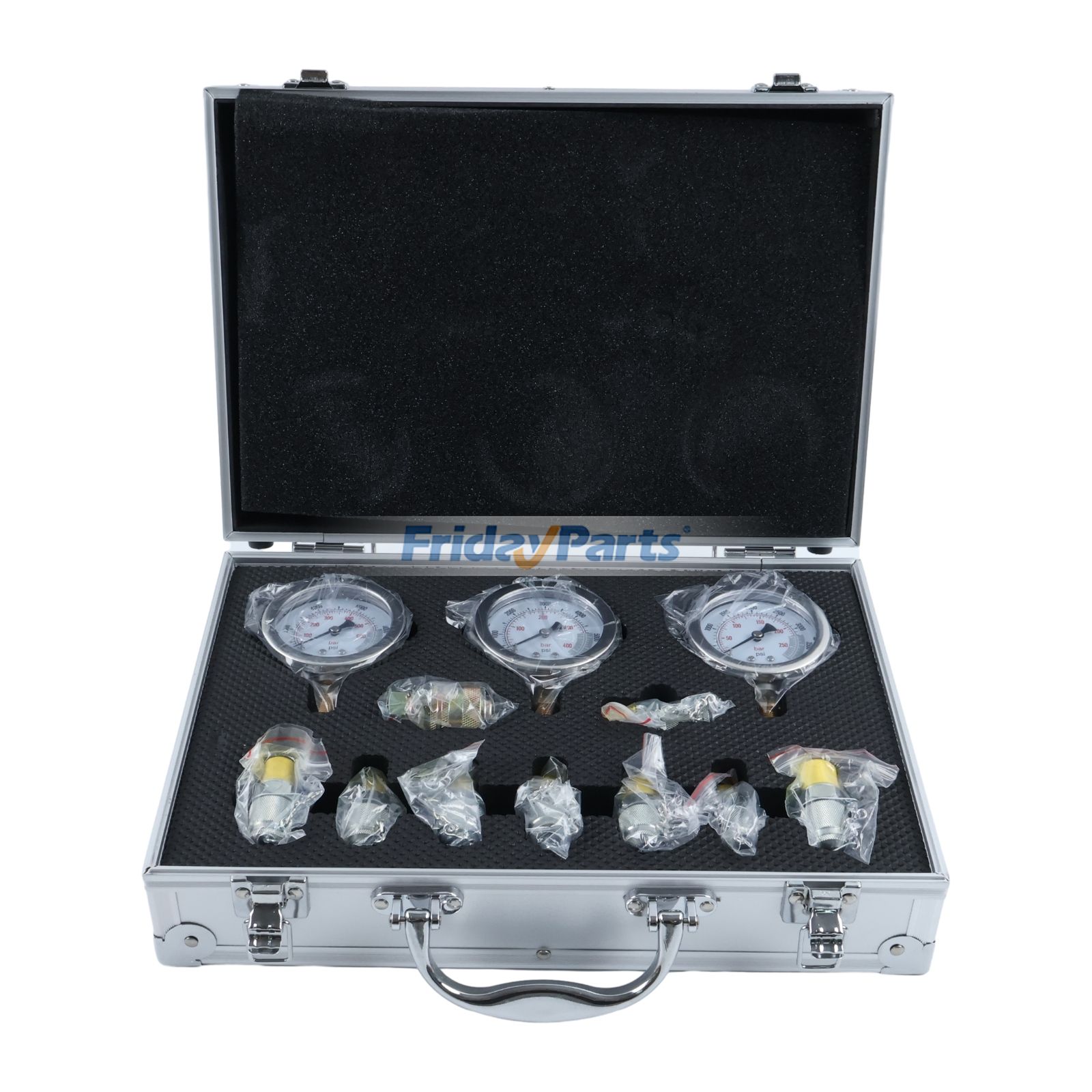 Kit de prueba de presión hidráulica, 3 manómetros, 9 acoplamientos de prueba, 3 mangueras de prueba, estuche