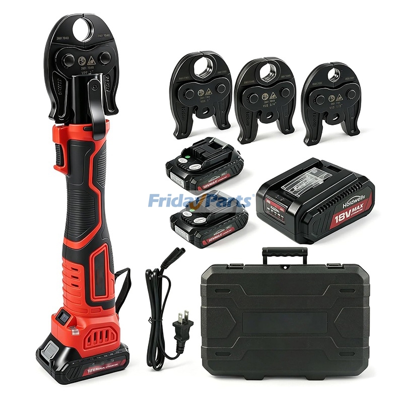 Kit de sertissage ProPress Mini MP-2430 : outil électrique sans fil 18 V pour tubes en cuivre avec moteur sans balais, 3 mâchoires de sertissage VUS pour tubes de 1/2", 3/4" et 1", 2 batteries et chargeur rapide.