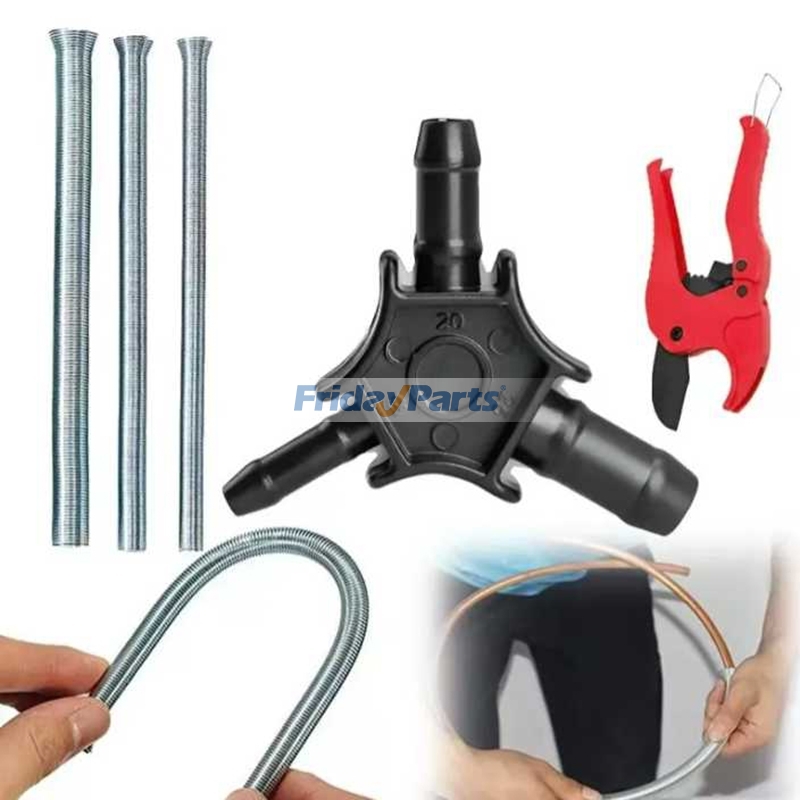 Kit per piegare tubi con alesatore, piegatubi a molla e tagliatubi.
