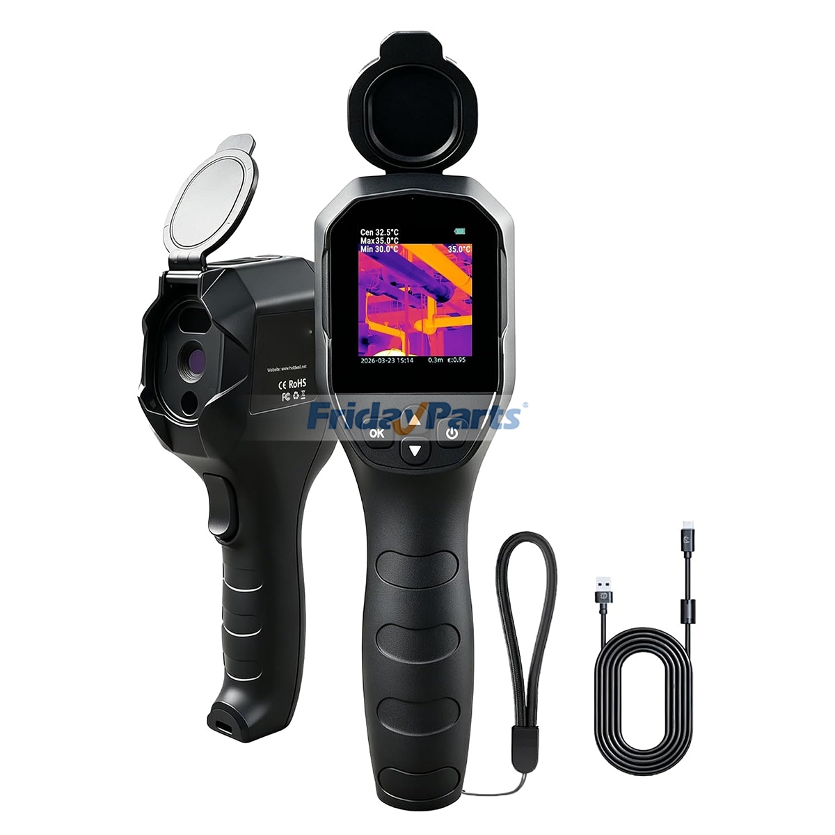 Caméra thermique portable avec capteur infrarouge 96x96, super résolution TISR 240x240, fréquence de rafraîchissement en temps réel de 25 Hz, plage de température de -20 °C à 550 °C, protection IP54, 6 palettes de couleurs et batterie rechargeable de 2000