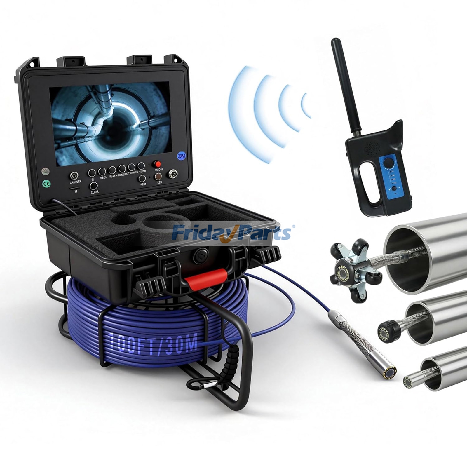 Cámara de inspección de alcantarillado con transmisor de 512 Hz, endoscopio autonivelante para plomería, pantalla HD a color de 9", cámara endoscopio impermeable IP68 con luz, alcance de 30 m (100 pies) para tuberías de desagüe de pared domésticas.