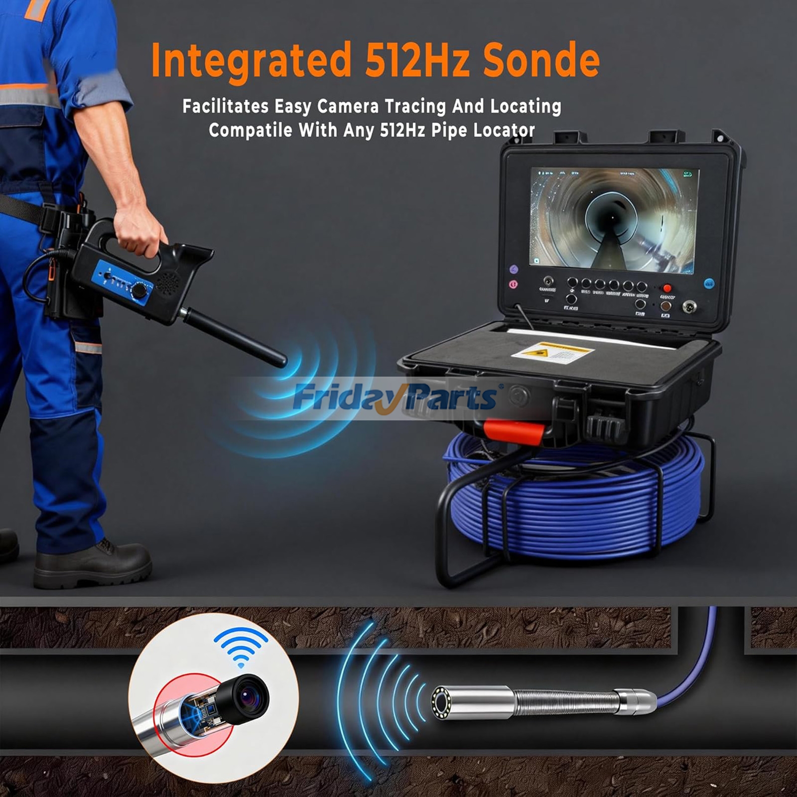 Cámara de inspección de alcantarillado con transmisor de 512 Hz, endoscopio autonivelante para plomería, pantalla HD a color de 9", cámara endoscopio impermeable IP68 con luz, alcance de 30 m (100 pies) para tuberías de desagüe de pared domésticas. Para OTRA MARCA