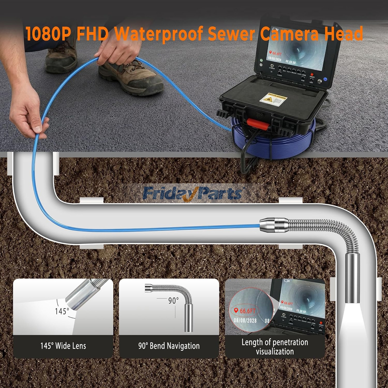 Cámara de inspección de alcantarillado con transmisor de 512 Hz, endoscopio autonivelante para plomería, pantalla HD a color de 9", cámara endoscopio impermeable IP68 con luz, alcance de 30 m (100 pies) para tuberías de desagüe de pared domésticas.
