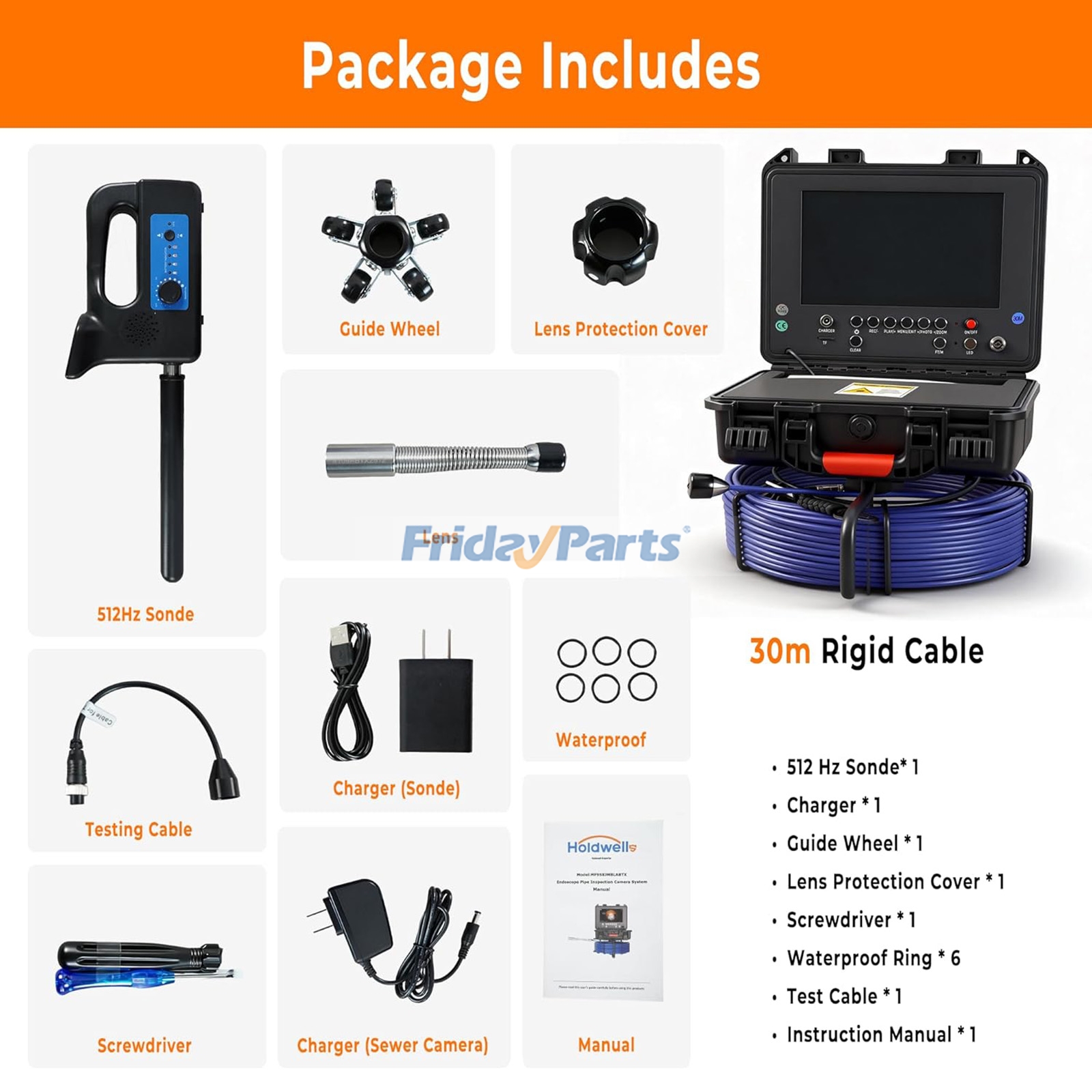 Compra Cámara de inspección de tuberías con localizador de 512 Hz, autonivelante, con transmisor, pantalla a color HD de 9", resistente al agua IP68. en Fridayparts