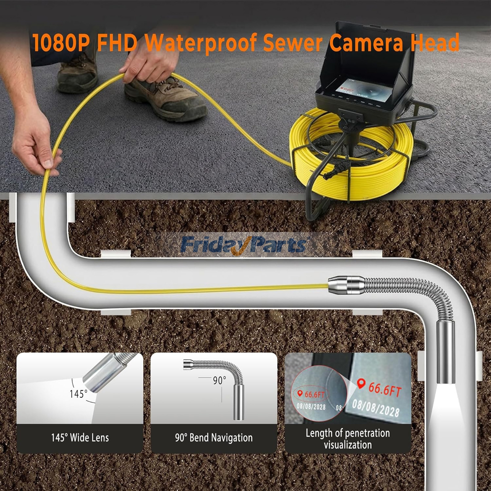 Cámara de inspección de alcantarillado de 30 m (100 pies), endoscopio para plomería, pantalla HD a color de 4,3", resistente al agua IP68, cámara de endoscopio con contador de distancia, luz, batería de 8000 mAh, luz para tuberías de desagüe de pared domé