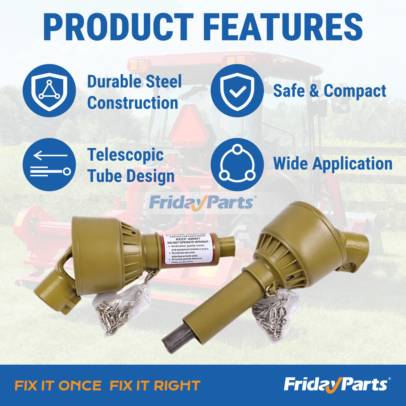Eje de transmisión TDF amarillo de 1-3/8" con 6 estrías en el extremo T1 de 20" a 24" para tractor de FridayParts