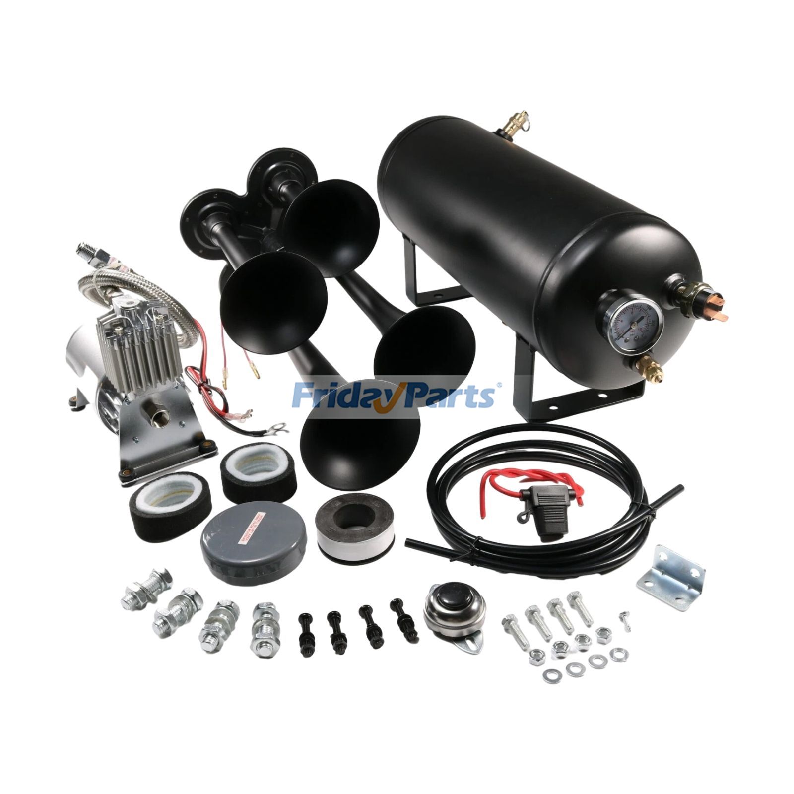 Kit de bocina de tren con 4 trompetas, sistema semifuerte, tanque de aire de 1,5 G y 150 PSI para camión.