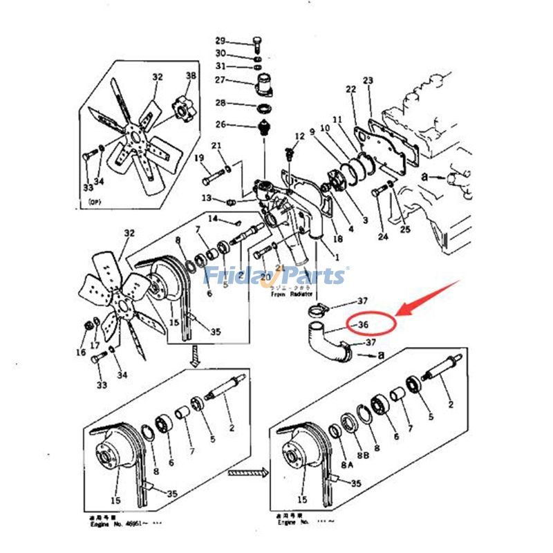 Wasserpumpe und Kühlerlüfterschlauch 6131-62-6510 für Komatsu S4D105-3B S4D105-3C S4D105-3D S4D105-3K Motor