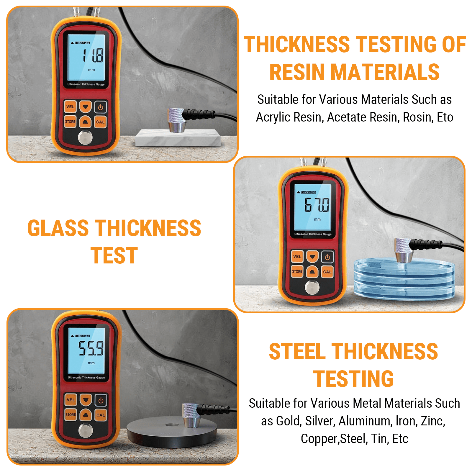 Medidor de espesor ultrasónico digital GM100 con pantalla LCD grande, medidor de velocidad de sonido, calibración automática, 5 MHz, 12-300 mm, placa de acero, plástico y cerámica, sin batería.