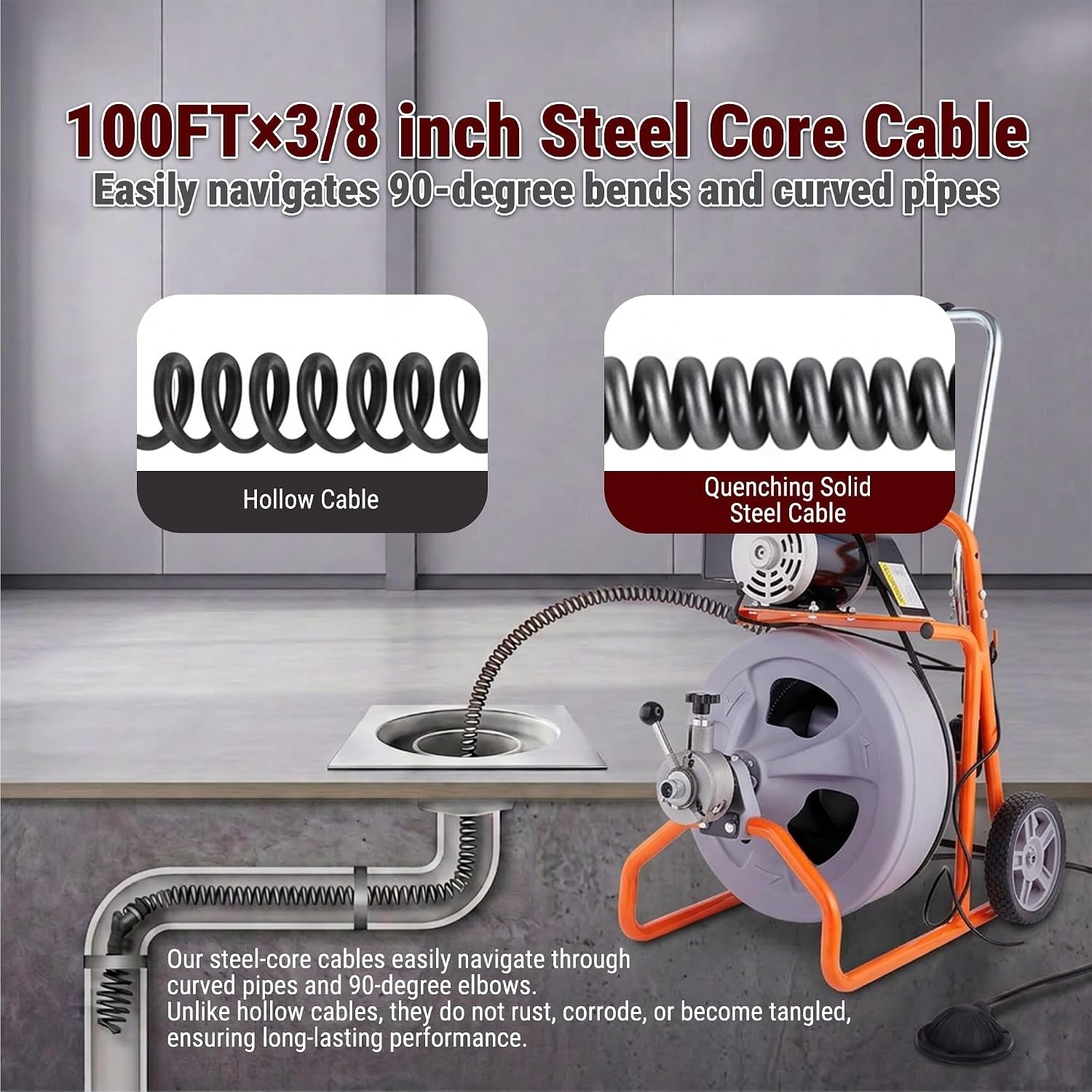 Déboucheur électrique de 30 m (100 pi) avec furet de 9,5 mm (3/8 po), conception télescopique portable sur roues, système d'alimentation automatique amélioré, 8 lames et interrupteur au pied pneumatique pour tuyaux de 5 à 10 cm (2 à 4 po).pour
