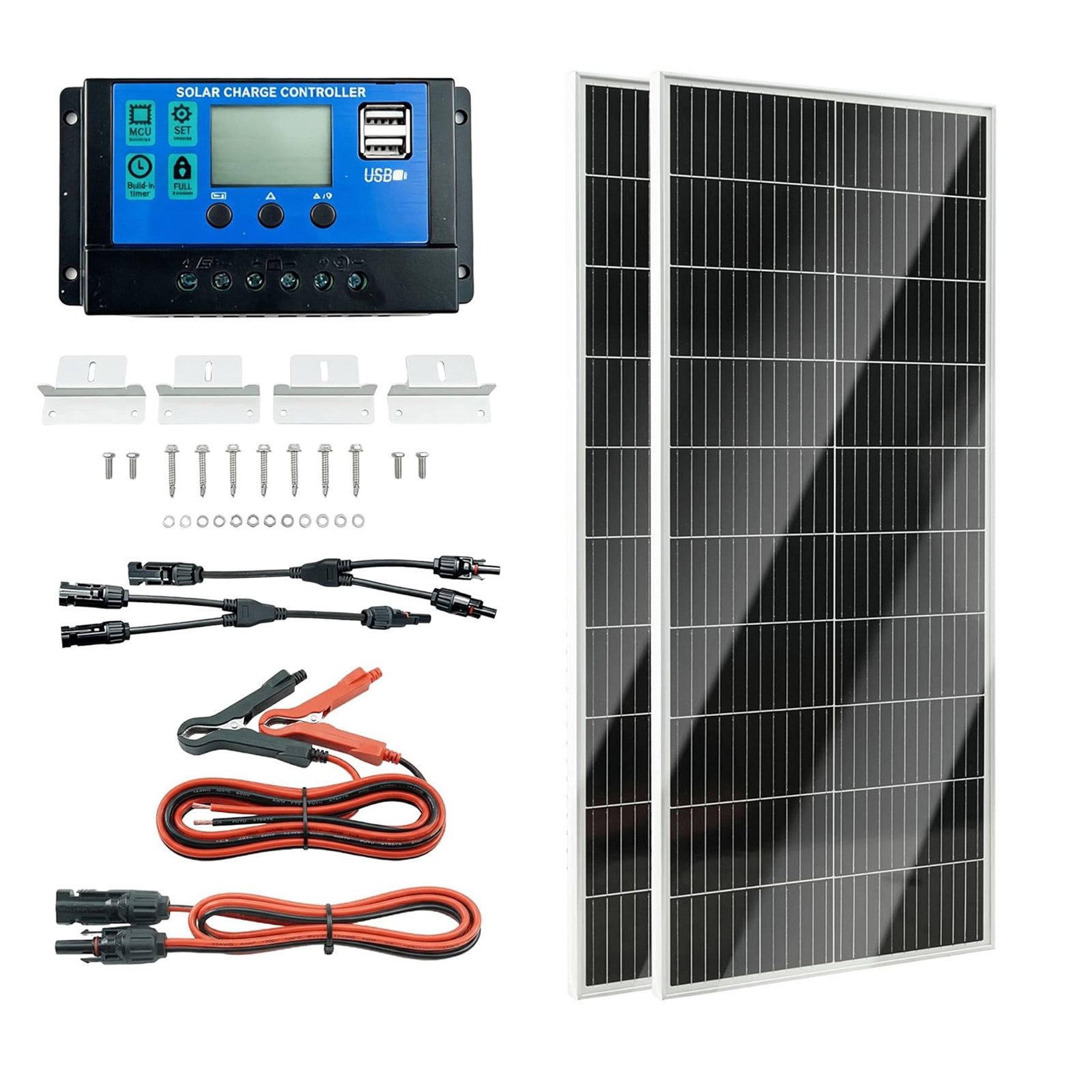 Kit de panneau solaire monocristallin avec contrôleur de charge PWM 20 A, supports en Z et câbles MC4, rendement élevé de 23 %, indice de protection IP65, pour camping-car, bateau, chalet et système de batterie autonome.