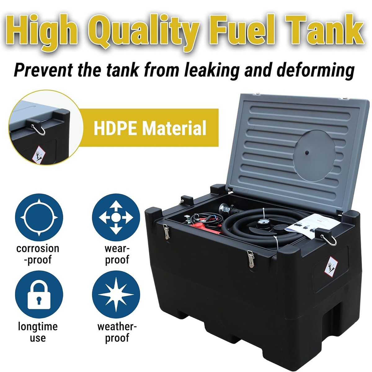 Tanque portátil de transferencia de combustible de 48 galones con bomba eléctrica de 12 V, tanque de gasolina y diésel de HDPE, caudal de 10.6 GPM, manguera de 13.1 pies y boquilla de cierre automático para uso agrícola, de construcción e industrial.