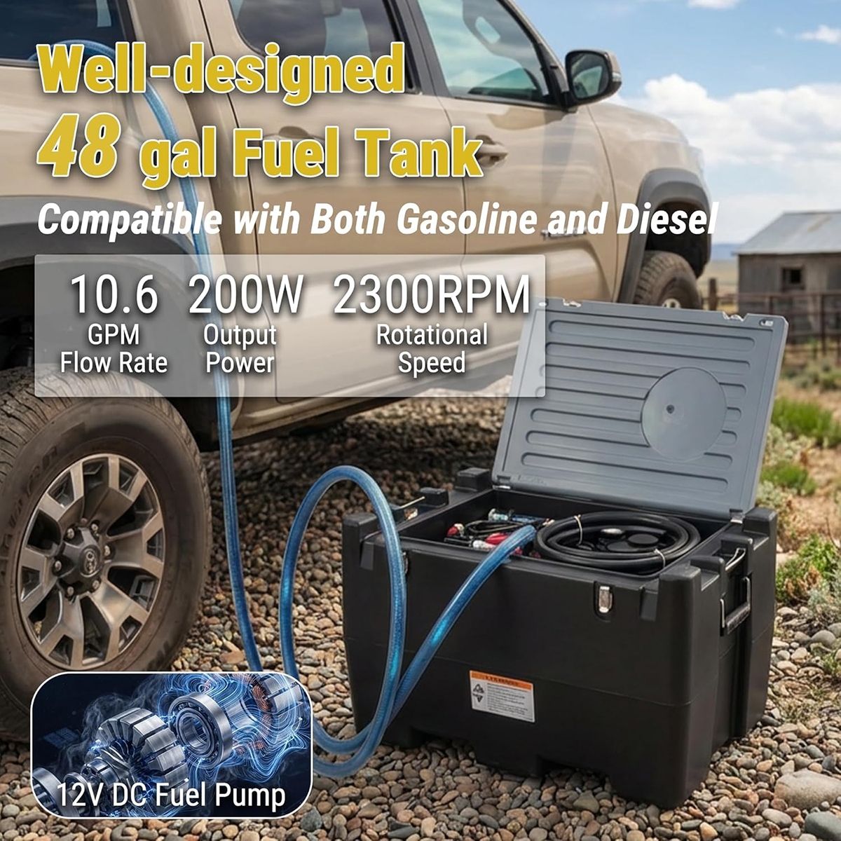 Tanque portátil de transferencia de combustible de 48 galones con bomba eléctrica de 12 V, tanque de gasolina y diésel de HDPE, caudal de 10.6 GPM, manguera de 13.1 pies y boquilla de cierre automático para uso agrícola, de construcción e industrial. 