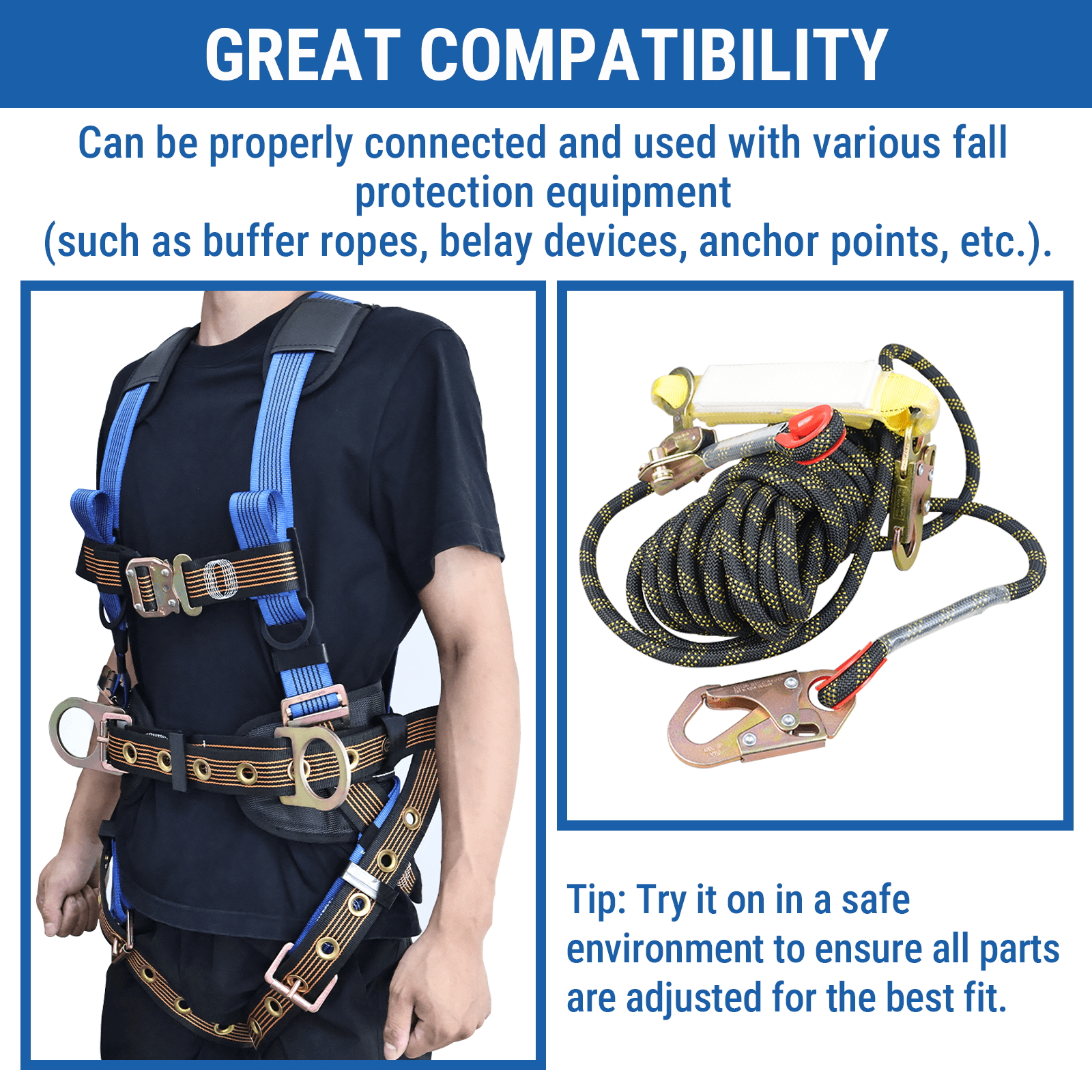 FridayParts 5 Point Full Body Safety Harness and Shock Absorbing Lanyard Set