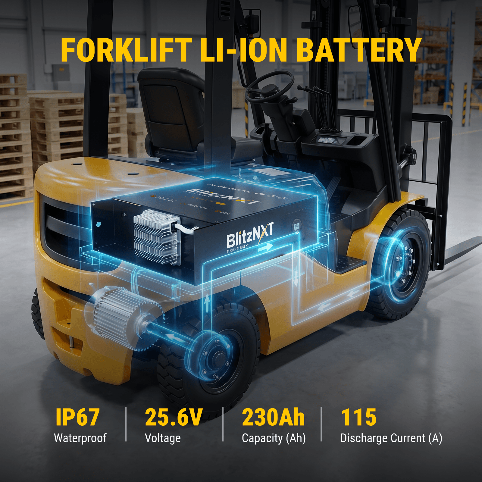 Batería de 24 V–80 V LiFePO4 para montacargas, 230 Ah–920 Ah, Lithium Power Solutions, descarga de 100 A–175 A, clasificación IP67, 2000–3000+ ciclos para uso industrial. de FridayParts