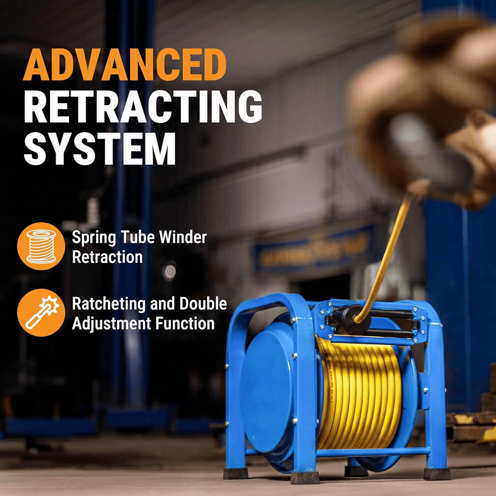 Carrete retráctil de alta resistencia para manguera de aire, manguera híbrida flexible de 3/8" x 100 pies, presión máxima de 300 PSI, estructura de acero con resorte, diseño de cuatro soportes de pie, portátil y resistente a las torceduras. de FridayParts