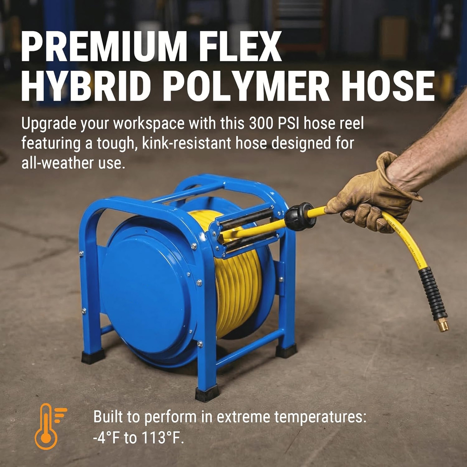 Carrete retráctil de alta resistencia para manguera de aire, manguera híbrida flexible de 3/8" x 100 pies, presión máxima de 300 PSI, estructura de acero con resorte, diseño de cuatro soportes de pie, portátil y resistente a las torceduras.