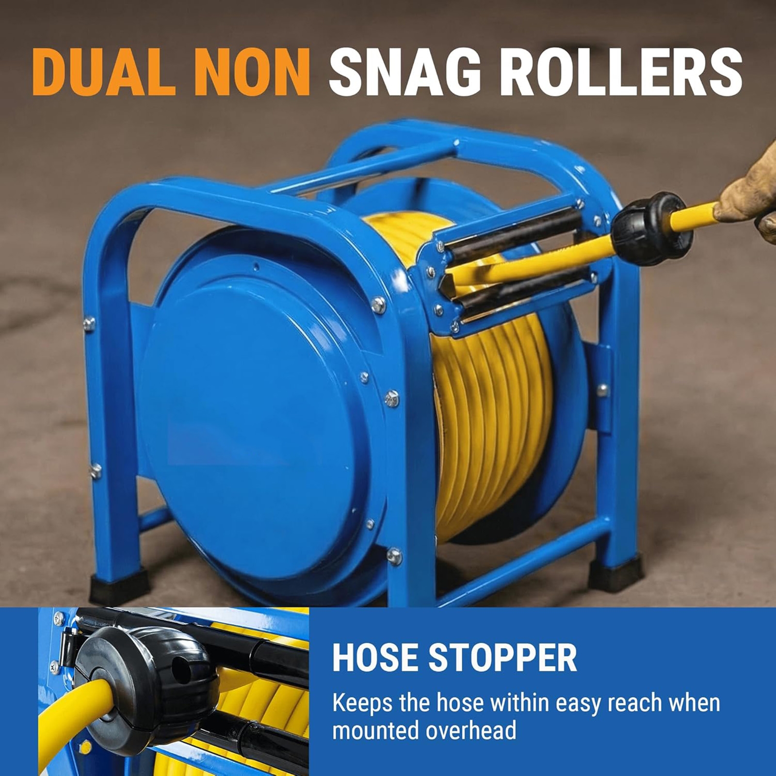 Carrete retráctil de alta resistencia para manguera de aire, manguera híbrida flexible de 3/8" x 100 pies, presión máxima de 300 PSI, estructura de acero con resorte, diseño de cuatro soportes de pie, portátil y resistente a las torceduras. para Herramientas manuales y eléctricas Para OTRA MARCA FridayParts