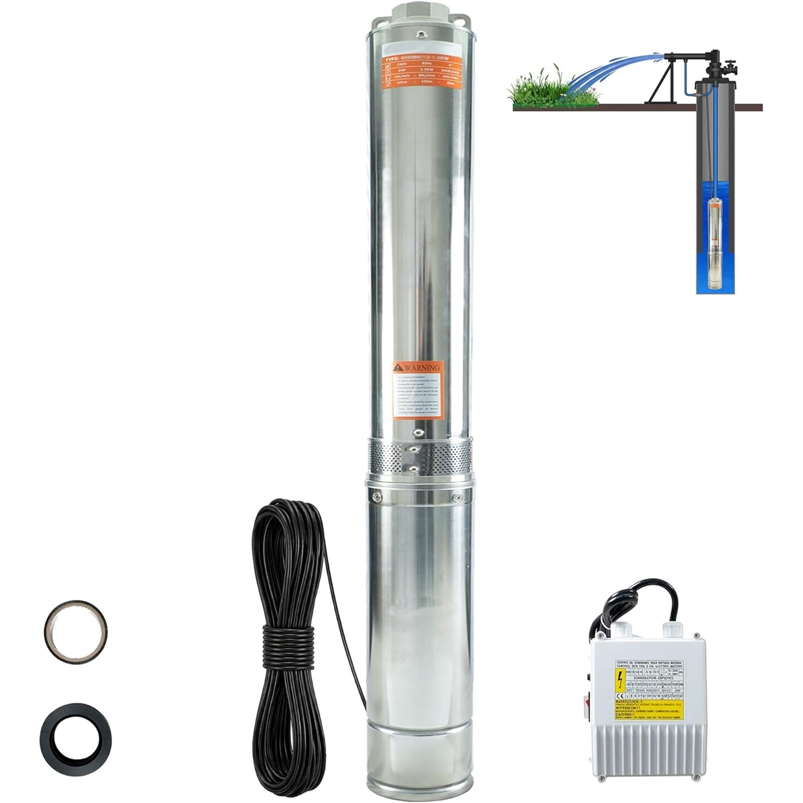1.5HP Deep Well Submersible Pump 115V/60Hz, 4 Inch Stainless Steel, External Controller, 33ft Cord, 37GPM Flow 308ft Head, IP68 Waterproof for Industrial, Irrigation, Home Use