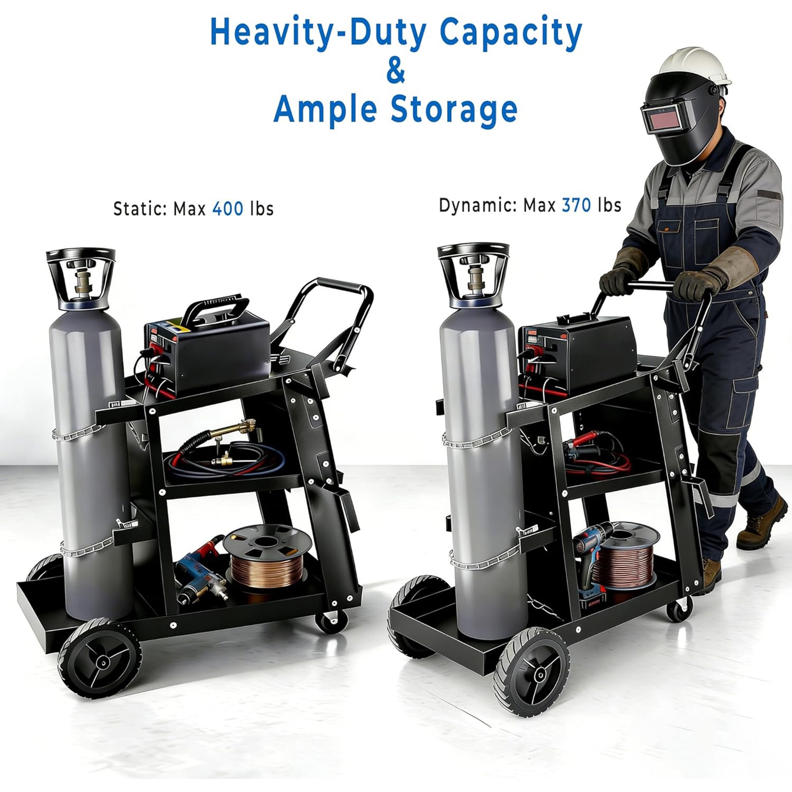 Chariot de soudage robuste à 3 niveaux, capacité de charge de 181 kg, roue pivotante à 360° avec double logement pour vérin et chaîne de sécurité, chariot roulant pour poste de soudage et découpeur plasmapourPour AUTRE MARQUE