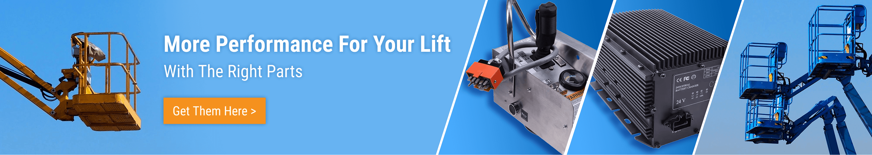 Blue aerial lifts under a clear sky, performance enhancements with the right AWP parts.