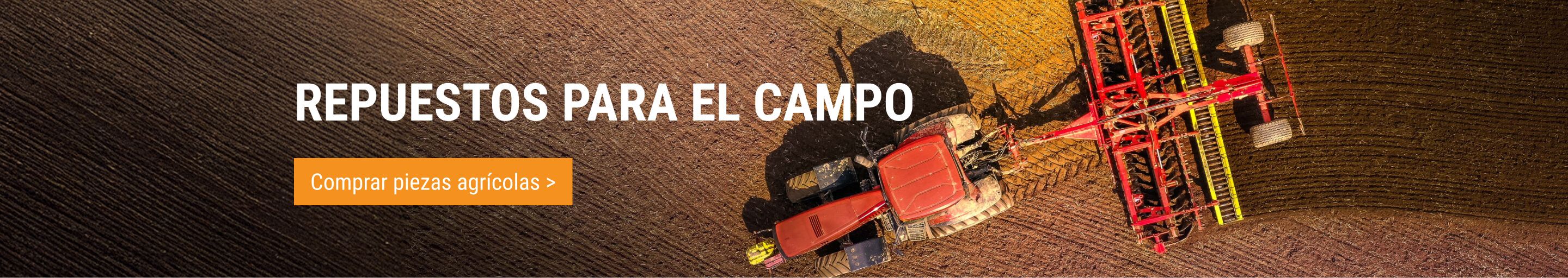 Compre repuestos aftermarket fiables para maquinaria agrícola en FridayParts. Banner de un tractor arando un campo con el lema 'Repuestos construidos para el campo'.