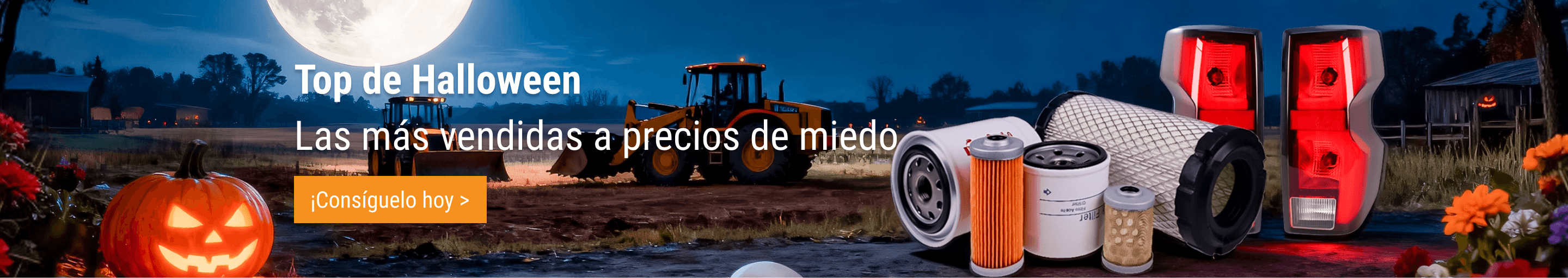 Promoción Top de Halloween en FridayParts. Descubre los repuestos aftermarket más vendidos a precios de miedo. Banner con filtros y luces para maquinaria pesada.