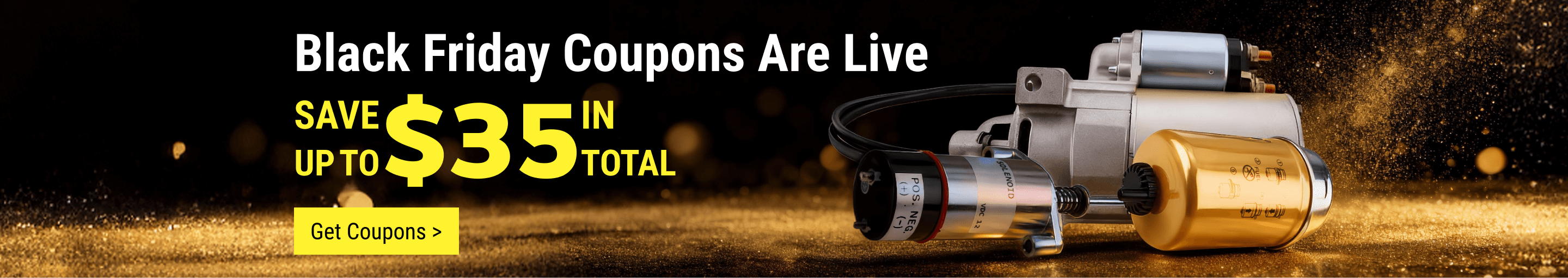 FridayParts Black Friday Sale Banner - Save up to $35 on aftermarket parts for heavy equipment, excavators, and loaders. Get exclusive coupons for construction machinery replacements.